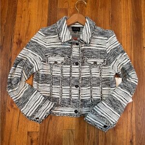 1. State Fringe Trim Tweed Crop Jacket Black and White NWT